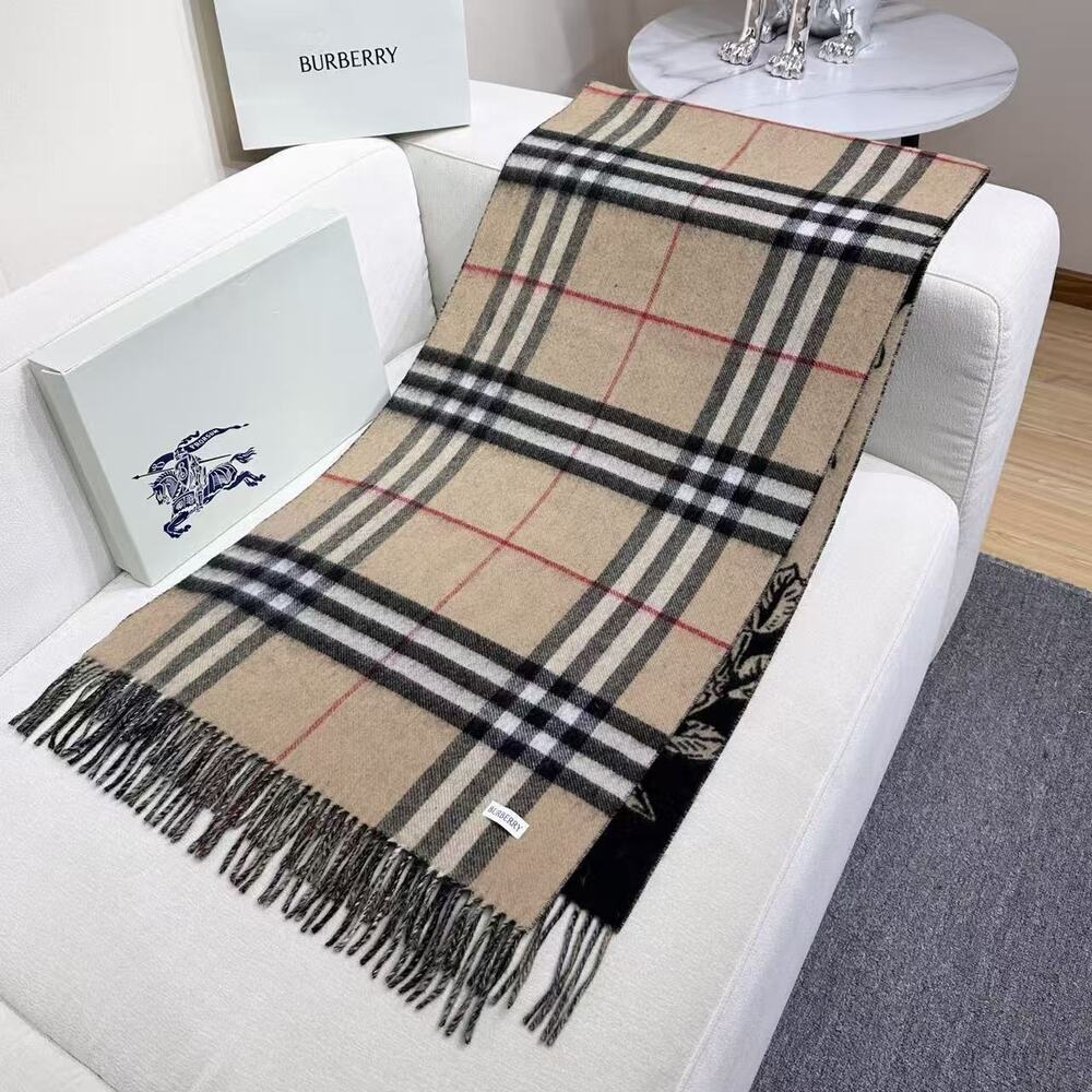 Burberry Beige Vintage Check Crest Logo Fringe Scarf